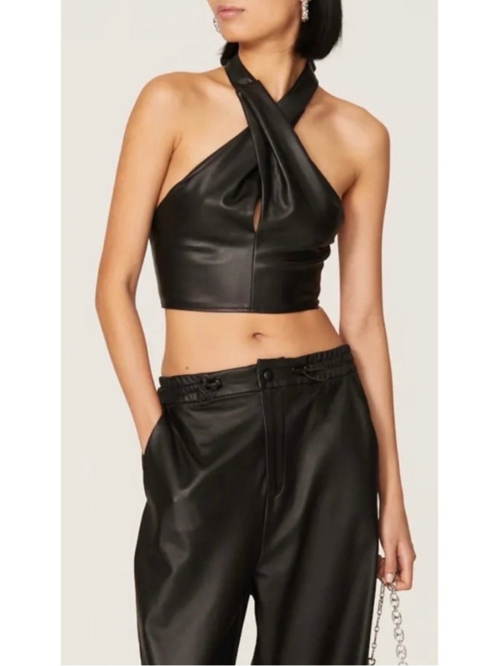 Staud Faux Leather Kai Halter Top Size 12 Crop Cross Front Festival Rave NWT
